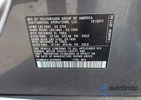 2018 Volkswagen Atlas 3.6L V6 Sel Premium from USA, damaged, VIN 1V2NR2CA1JC536692